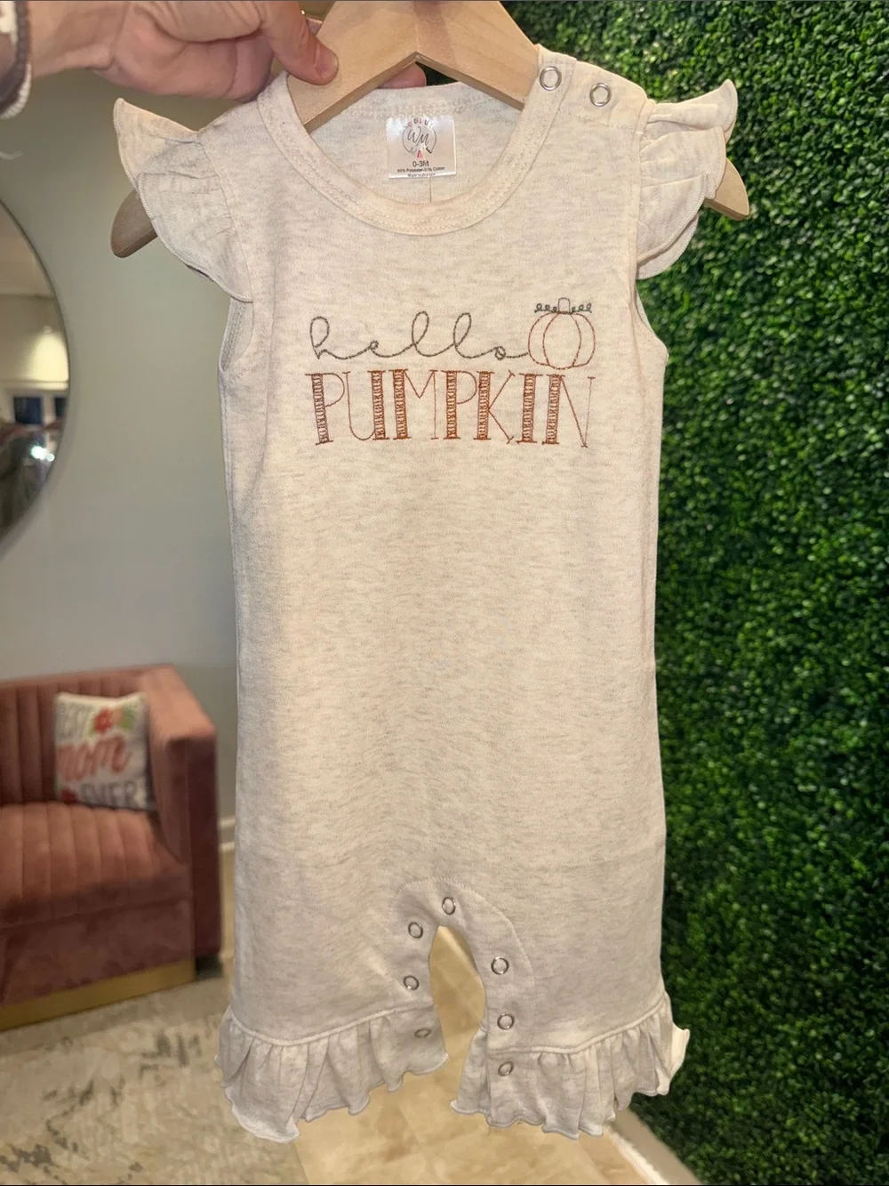 Hello Pumpkin Stitched Cream Ruffle Baby Romper (Size 0-3 Months )